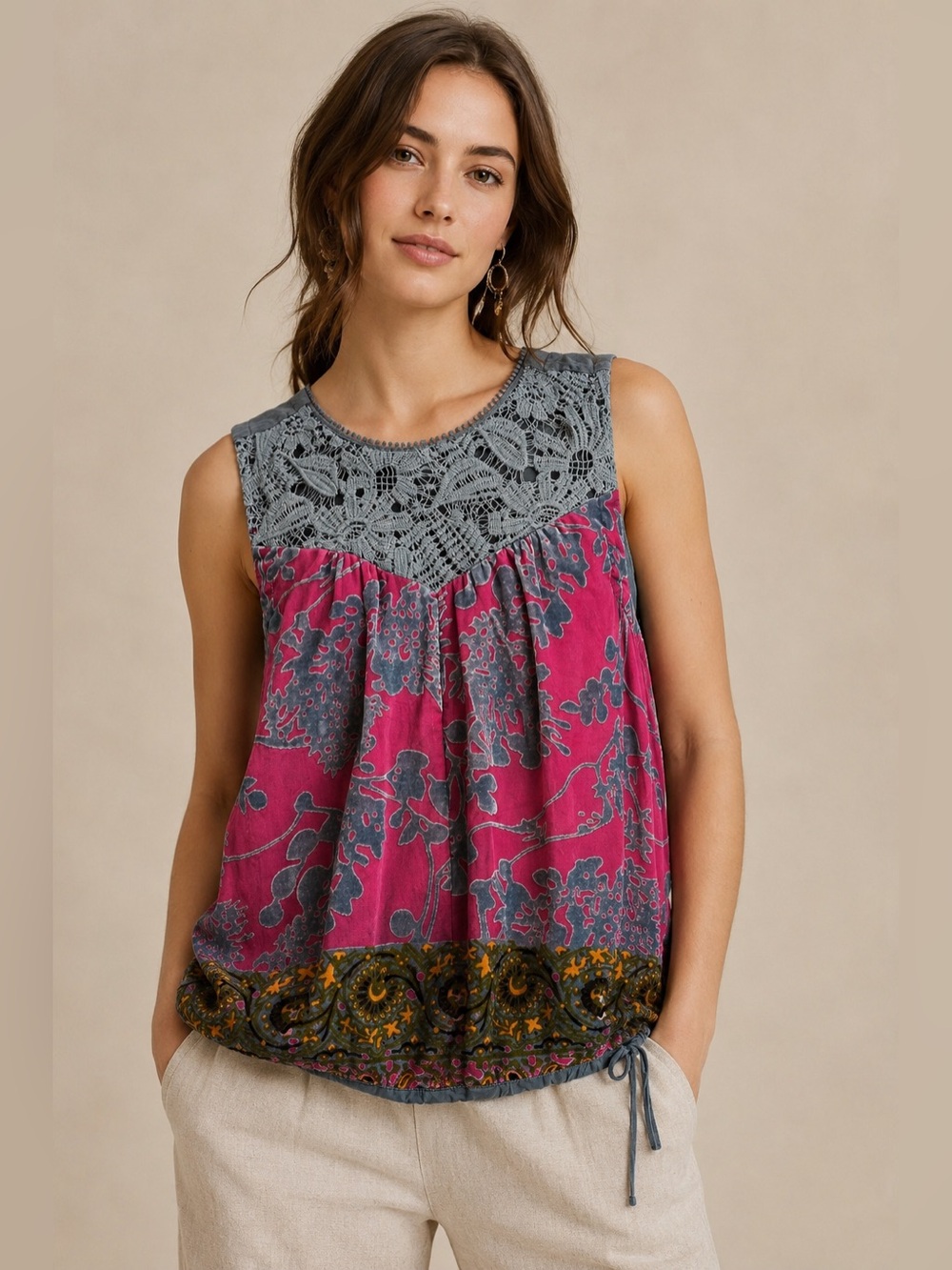 Anthropologie Tiny Mika Lacy Velvet Burnout Crochet Blouson Tank Top M (flawed)